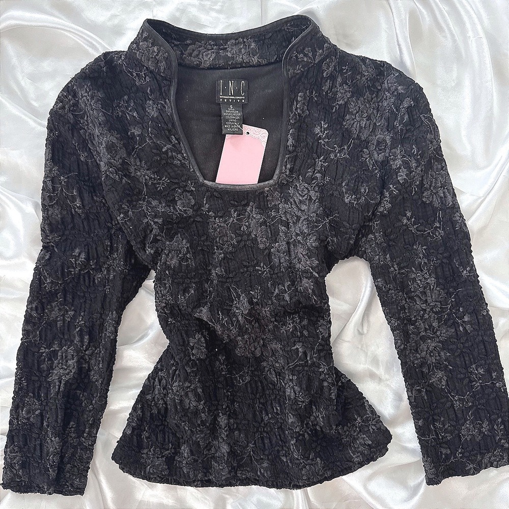 INC International Concepts Petite Black Floral Popcorn Crinkle Square Neck Top S